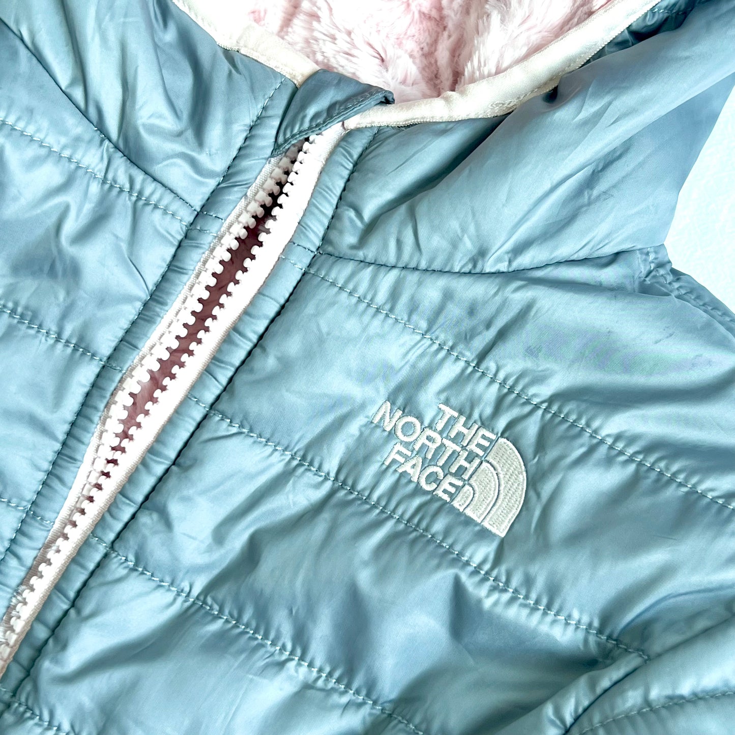 (Pre-loved) The North Face Pink Grey 2-sided Down Jacket 雙面連帽外套 3Y