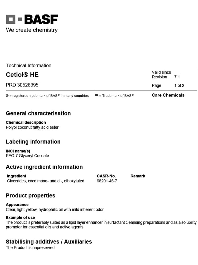 Cetiol® HE PEG-7 椰油甘油酸酯賦脂劑