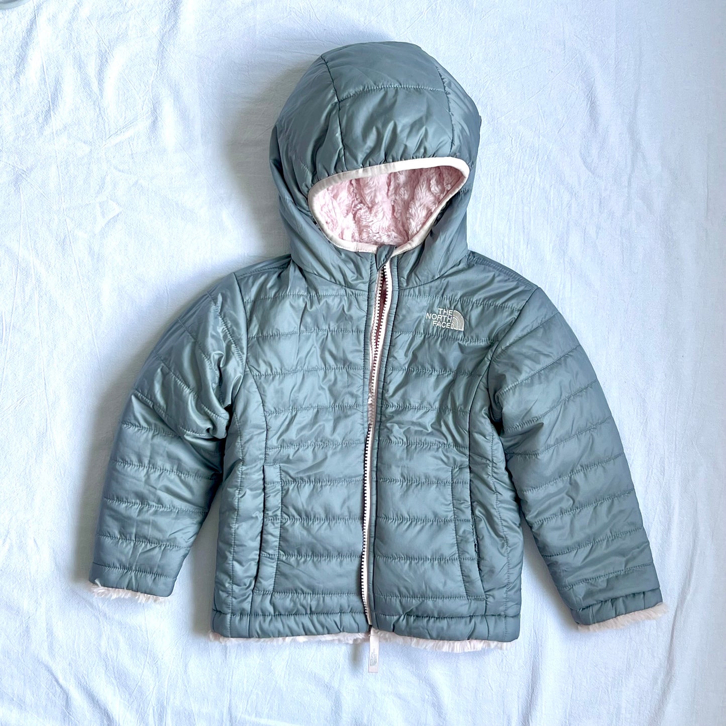 (Pre-loved) The North Face Pink Grey 2-sided Down Jacket 雙面連帽外套 3Y