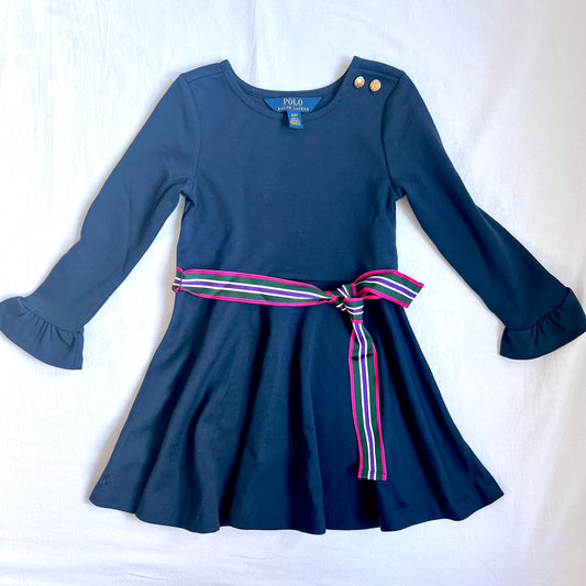 (Pre-loved) Polo Ralph Lauren Navy Blue Dress with Pink Belts 女童深藍色長袖裙連身裙 3T